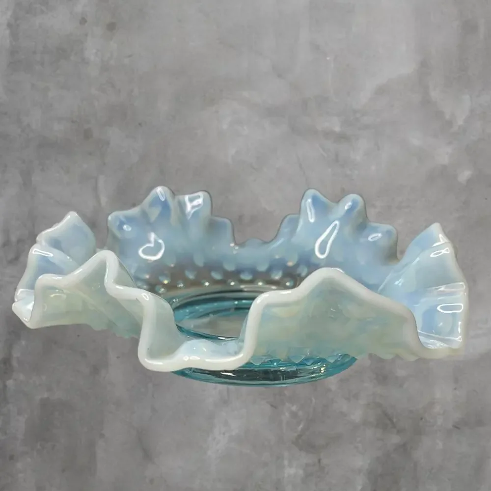 Vtg Fenton Opalescent Blue Hobnail 2-Piece Epergne Trumpet Flower Vase Pre 1970s